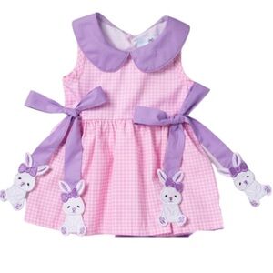 Bunny easter appliqué smock dress toddler girl peter pan collar bows gingham